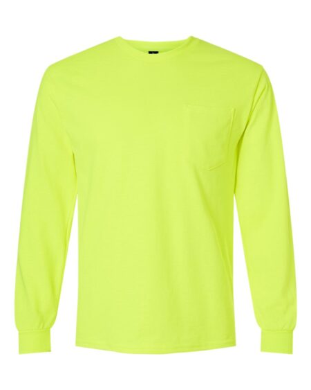 Front view of a bright green Gildan long sleeve pocket T-shirt