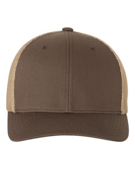 Brown Flexfit 6511 trucker cap with khaki mesh front view