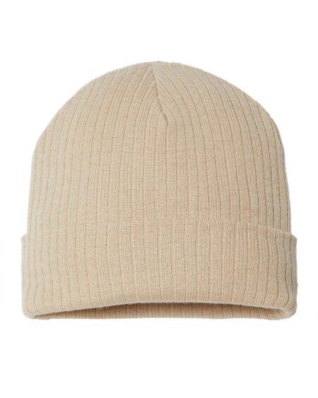 Light beige ribbed cuffed beanie shown from the front