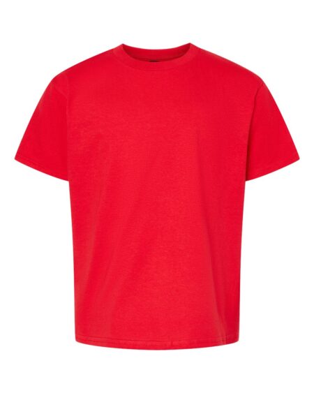 Front view of a red Gildan 65000B youth t-shirt