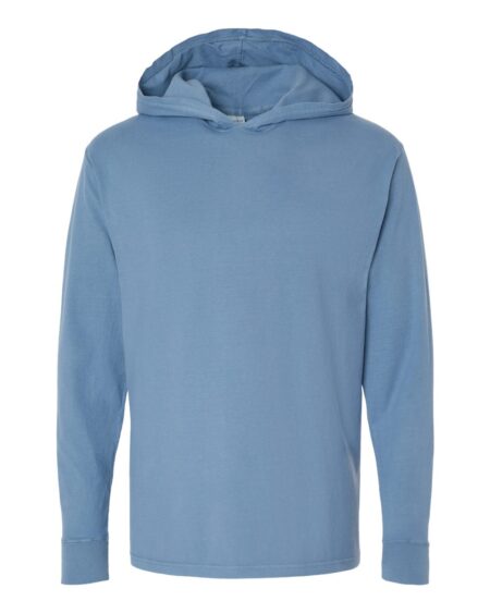 Front view of a blue ComfortWash by Hanes hooded long-sleeve tee