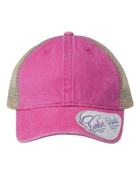 Front view of the pink and light mesh Infinity Her TESS washed mesh-back cap
