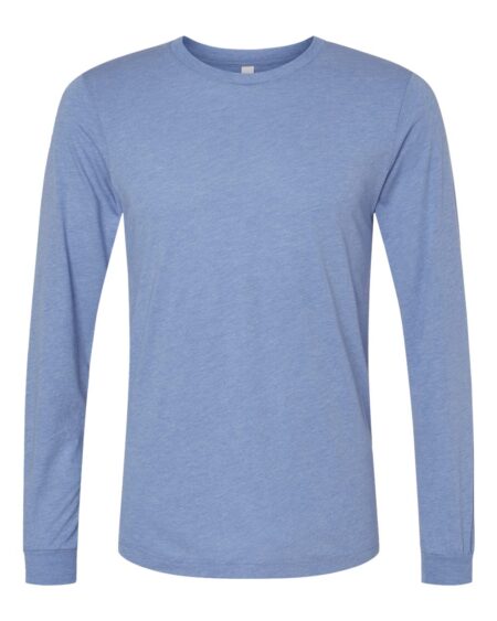 Front view of the blue triblend Bella + Canvas 3513 long sleeve tee