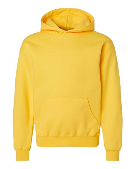 Front view of a yellow Gildan SF500B youth hooded sweatshirt