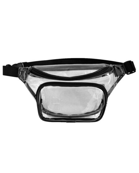 Black clear fanny pack with a large top compartment and front zippered pocket