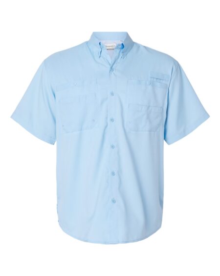 Front view of a light blue Paragon 700 short-sleeve fishing shirt