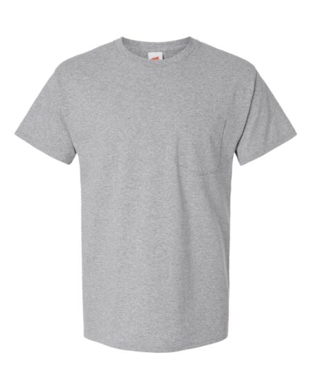 Front view of gray Hanes 5290P pocket t-shirt