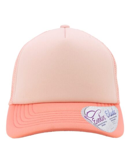 Front view of the dusty pink and peach Infinity Her ROSIE foam trucker cap