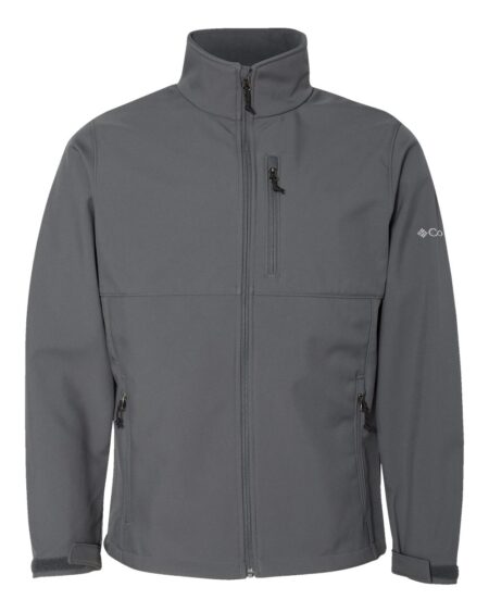 Gray full-zip soft shell jacket shown from the front