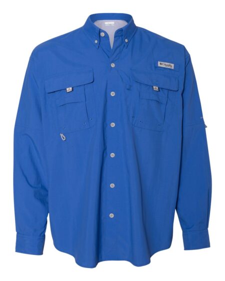 Blue Columbia PFG Bahama II shirt shown from the front