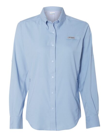 Light blue Columbia women's PFG Tamiami II shirt with button front and chest pocket