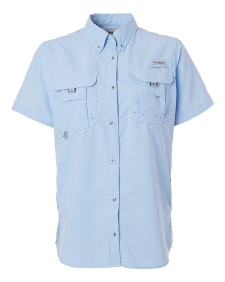 Front view of the Columbia women’s PFG shirt in light blue with button-down collar and two chest pockets