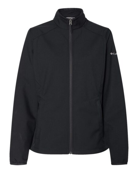 Front view of a black women's Columbia Kruser Ridge soft shell jacket