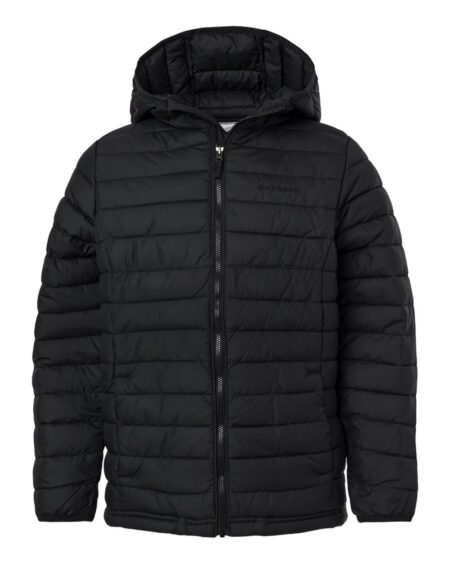 Black Columbia Youth Powder Lite II hooded jacket with quilted panels and front zipper