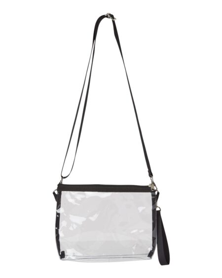 Clear stadium purse with adjustable shoulder strap and wrist strap, front view