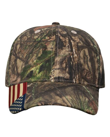 Front view of the Kati LC350 camouflage cap with USA flag accents