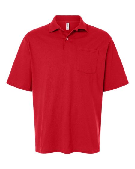 Front view of red Jerzees 436MP polo shirt with chest pocket