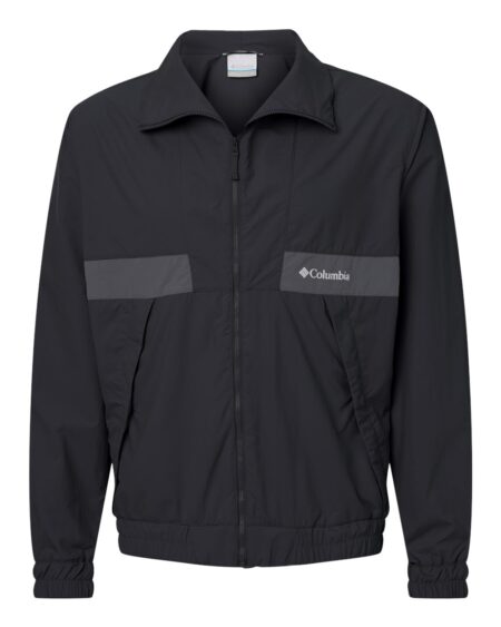 Black Columbia Spire Valley windbreaker with a front zipper, elastic cuffs, elastic hem, and contrasting chest panels