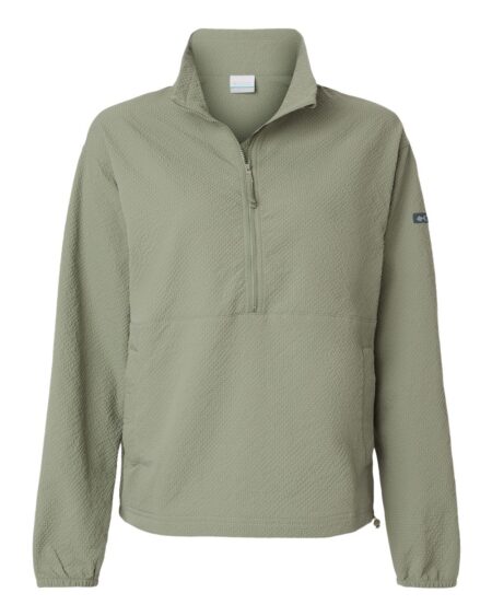 Columbia women’s half-zip pullover in a light olive color