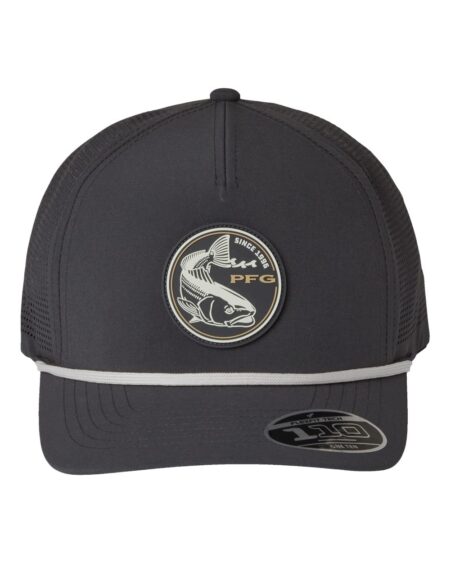 Dark Columbia PFG Tidal Pursuit stretch snapback cap with fish logo patch and curved bill
