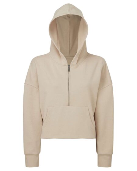 Beige women’s half-zip hooded sweatshirt shown from the front