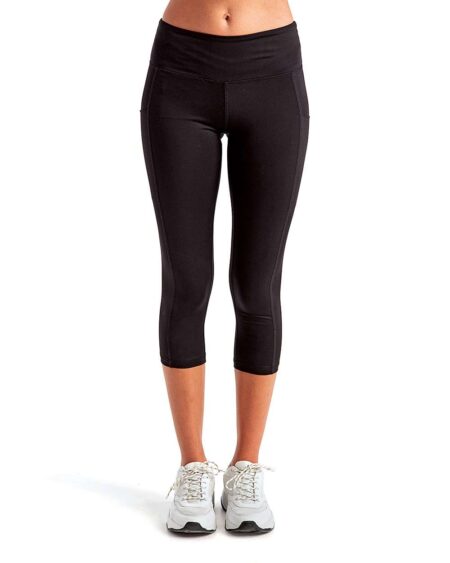 Front view of black TriDri women’s calf-length leggings with side pockets