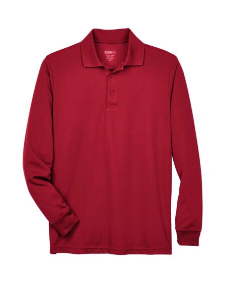 Burgundy CORE365 88192 long sleeve polo with collar and cuffs