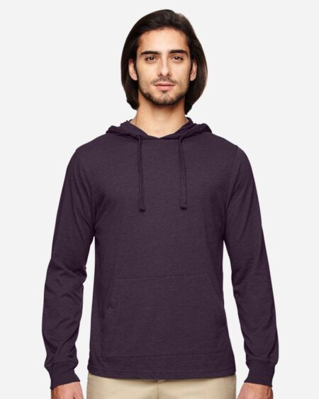 Model wearing a dark purple hooded long-sleeve T-shirt with a pouch pocket