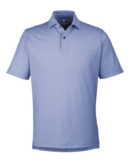 Front view of the Fairway & Greene men's mini stripe tech polo in blue