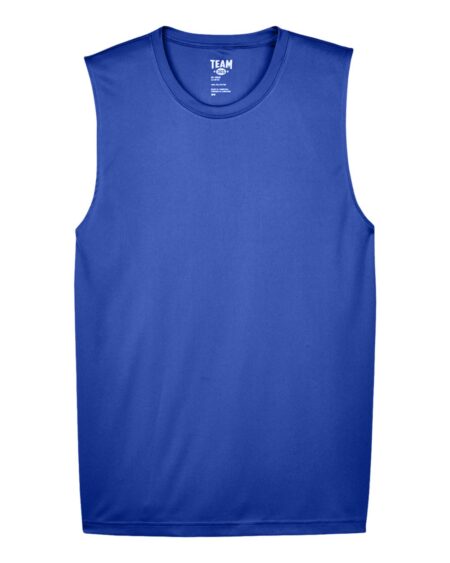 Blue sleeveless Team 365 men's performance muscle t-shirt