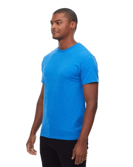 Model wearing a blue unisex short-sleeve T-shirt