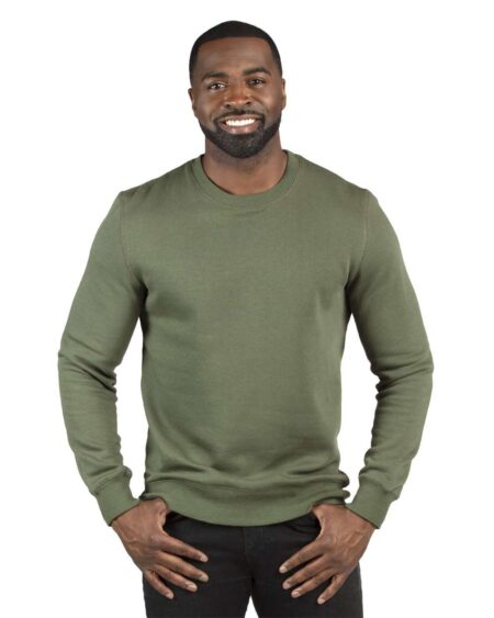 Model wearing an army green Threadfast 320C crewneck sweatshirt