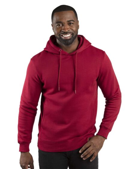 Model wearing a burgundy Threadfast 320H hooded sweatshirt