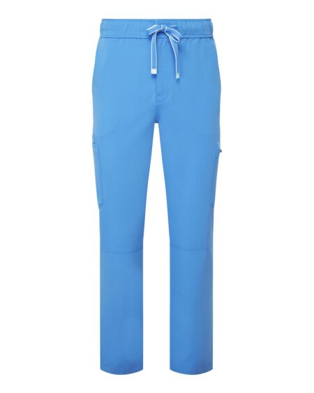 Front view of blue men's cargo scrub pants