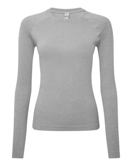 Front view of a heather gray women’s long-sleeve underscrub shirt