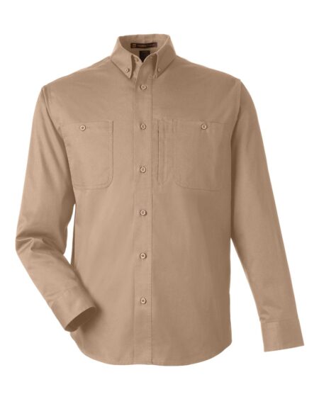 Harriton M585L men’s work shirt shown from the front in khaki