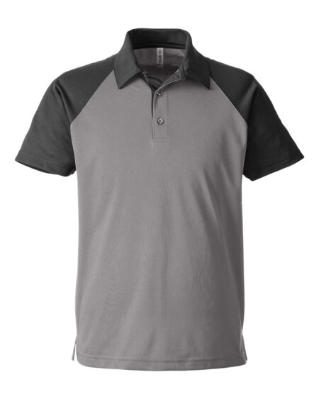 Front view of a gray polo with black collar and sleeves
