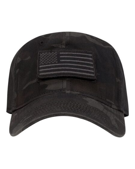 Front view of the Dri Duck cap in black camouflage with a curved bill and flag patch