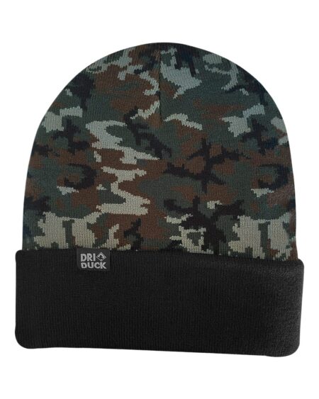 Dri Duck cuffed beanie in black woodland camo with a black cuff and woven label