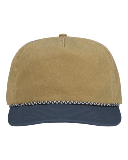 Front view of the wheat and denim DRI DUCK Rockwell five-panel cap