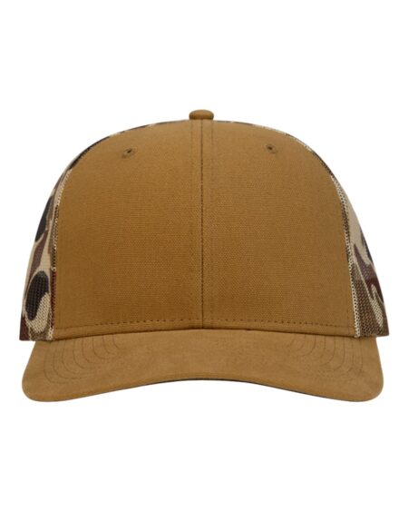 Front view of the DRI DUCK 3054 Ridgewood Cap in saddle and duck camo