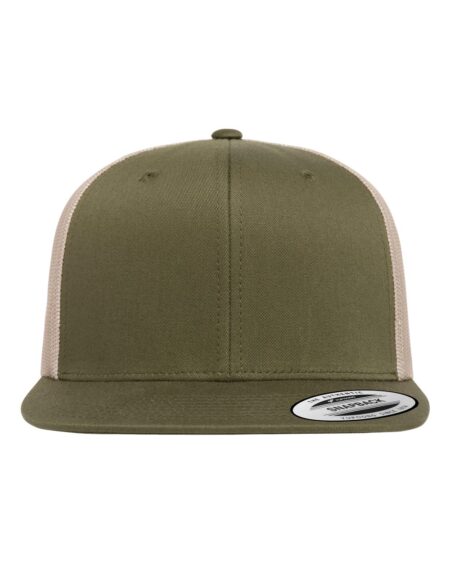 Moss green and khaki YP Classics 6609 trucker cap with flat bill, front view