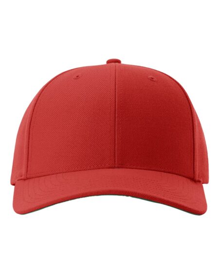 Front view of red Richardson 512 snapback cap