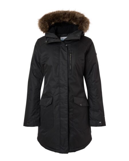 Black Columbia women's Suttle Mountain long insulated jacket with faux-fur-trimmed hood and front pockets