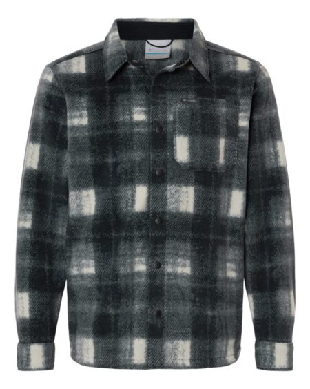 Columbia men's printed fleece shirt jacket in a gray and cream plaid pattern