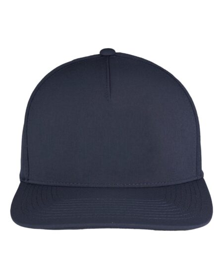 Front view of a navy structured five-panel cap with a slightly curved bill