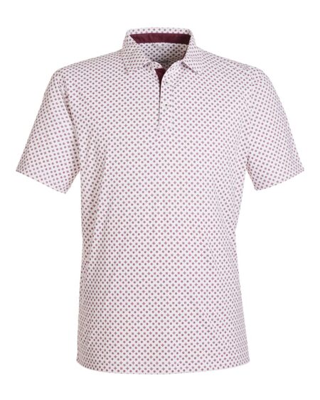 Front view of the Swannies Hazelwood polo with patterned short sleeves and three-button placket