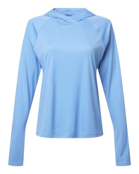 Light blue women’s hooded long-sleeve shirt with thumbhole cuffs