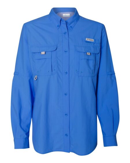 Blue Columbia women's PFG Bahama shirt with button front and multiple utility pockets