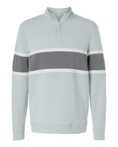 Front view of a light gray men’s quarter-zip pullover with dark gray horizontal colorblock band